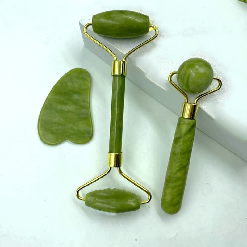 3pcs Set Facial Jade Stone Roller & Gua Sha Board Body Neck Massage Tool