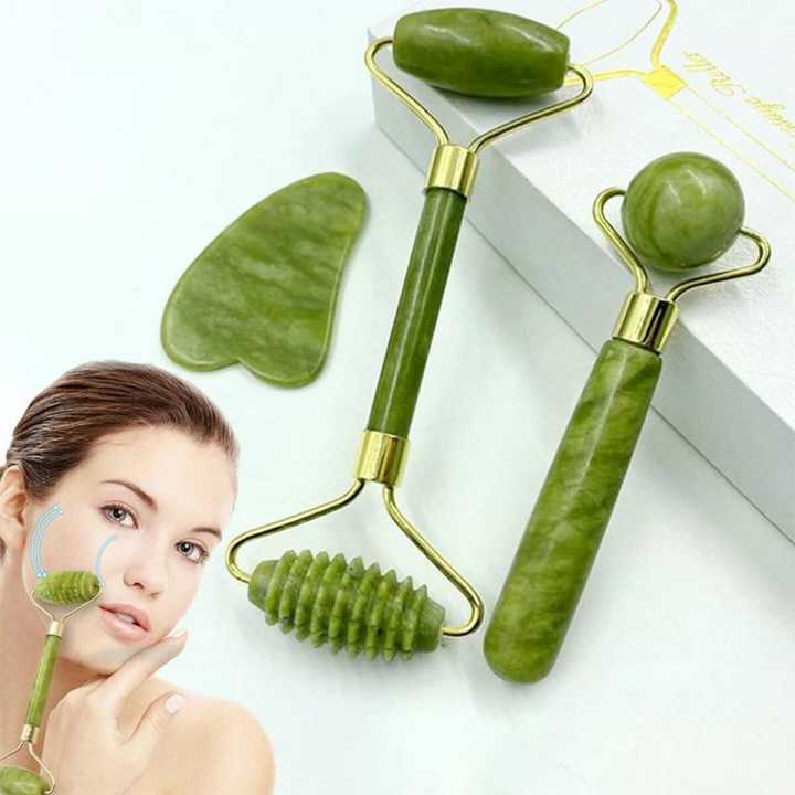 3pcs Set Facial Jade Stone Roller & Gua Sha Board Body Neck Massage Tool - Image 3