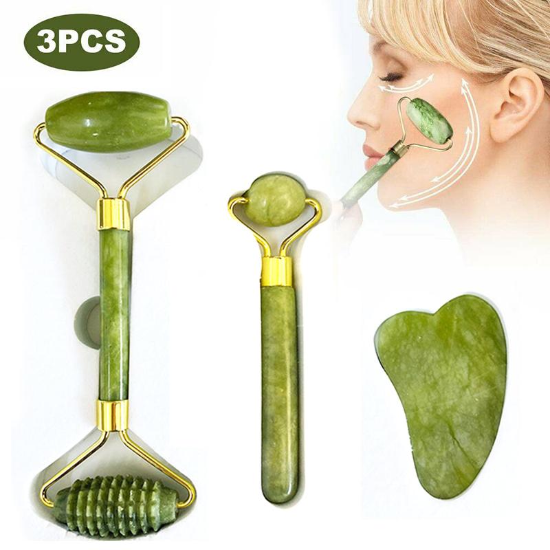 3pcs Set Facial Jade Stone Roller & Gua Sha Board Body Neck Massage Tool - Image 4